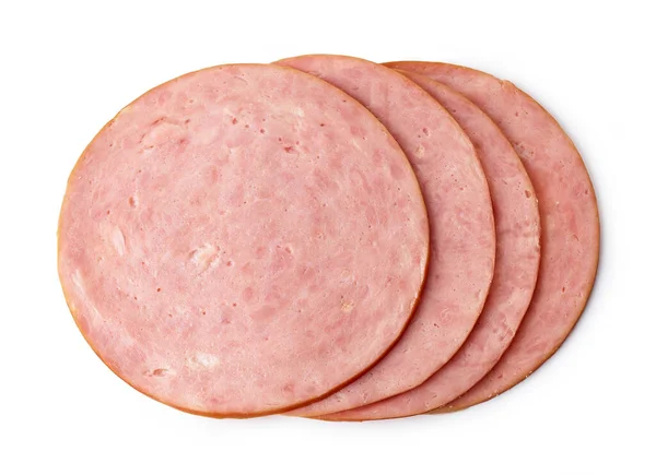 Tranches Saucisse Jambon Bouillies Isolées Sur Fond Blanc Vue Dessus — Photo