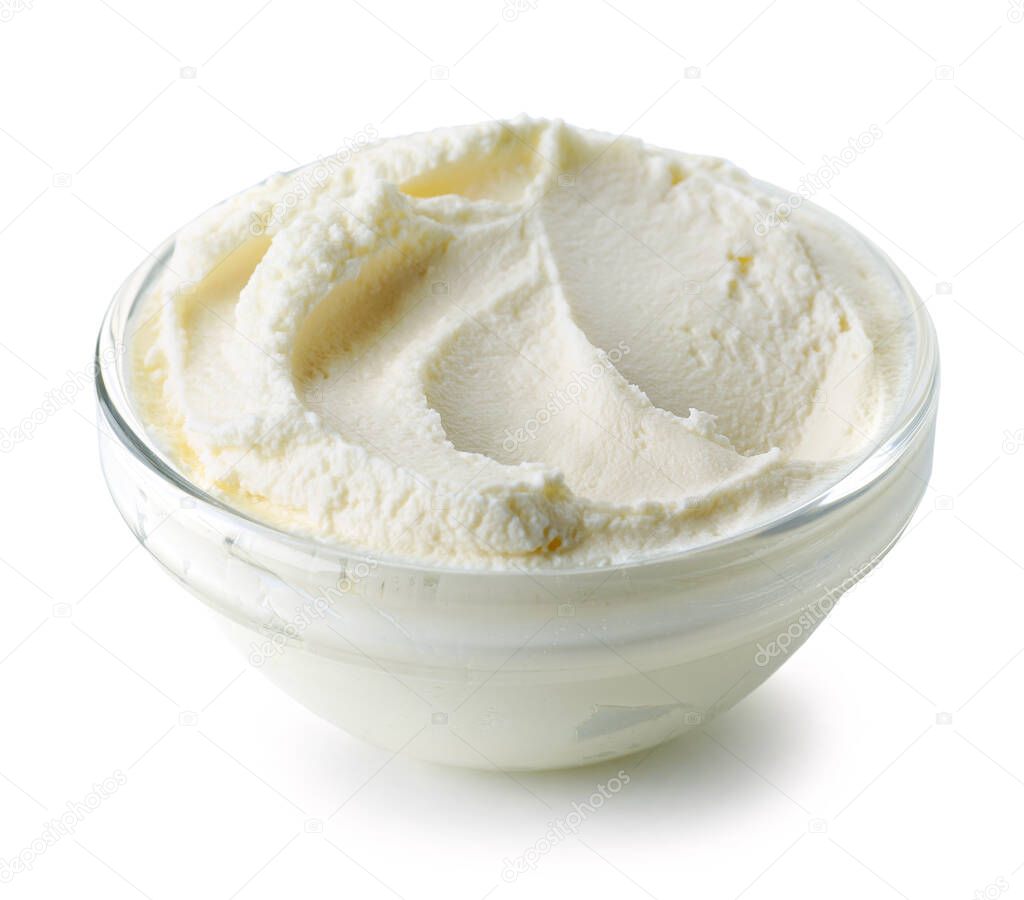 bowl of cream cheese isolated on white background