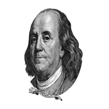 ABD devlet adamı, mucit ve diplomat Benjamin Franklin görünüyor üzerinde yüz doları bill ön yüzde olarak portresi. 15 derecelik bir açıyla fotoğraf.