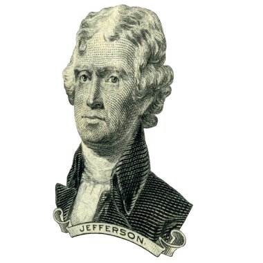 Eski ABD Başkanı Thomas Jefferson görünüyor üzerinde iki doları bill ön yüzde olarak portresi. 15 derecelik bir açıyla fotoğraf.