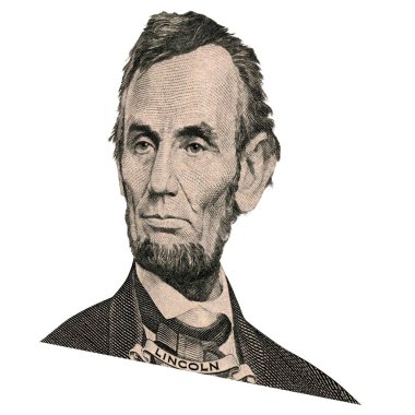 Eski ABD başkanı Abraham Lincoln görünüyor üzerinde beş doları bill ön yüzde olarak portresi. 15 derecelik bir açıyla fotoğraf.