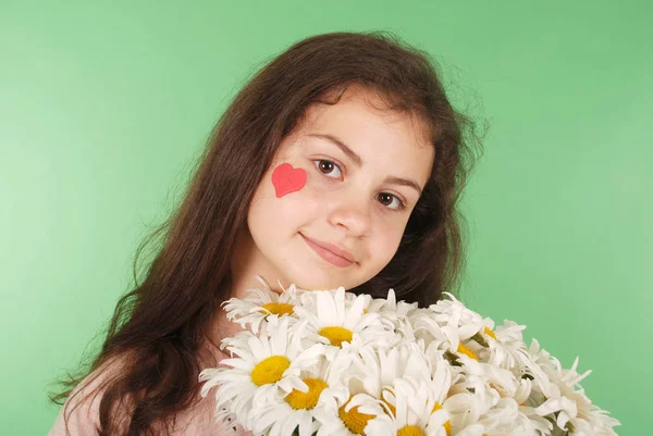 Retrato Una Joven Con Ramo Manzanillas Símbolo Corazón Cara Aislado — Foto de Stock