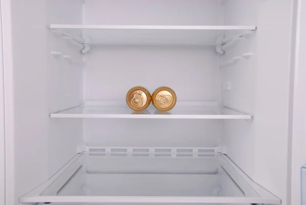 Two Metal Beer Cans Empty Clean Refrigerator Opened Door — Stock Photo, Image