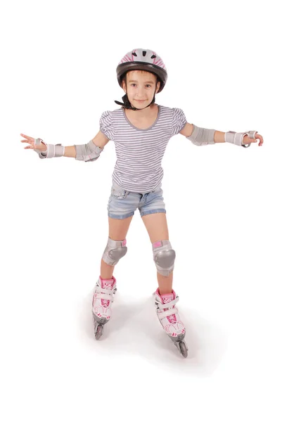 Tekerlekli Paten Beyaz Arka Plan Üzerinde Küçük Güzel Kız — Stok fotoğraf