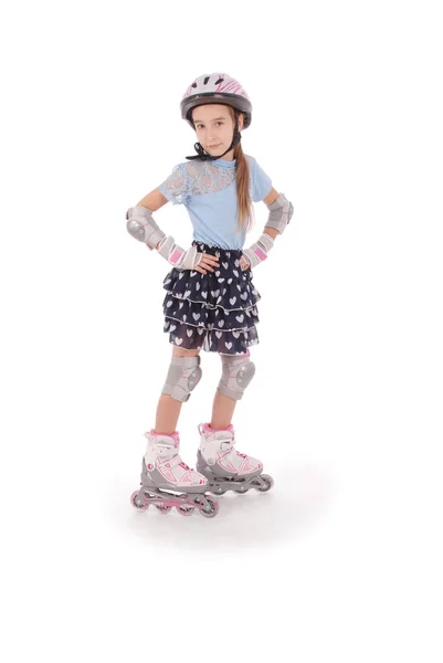 Little Pretty Girl Roller Skates White Background — Stock Photo, Image