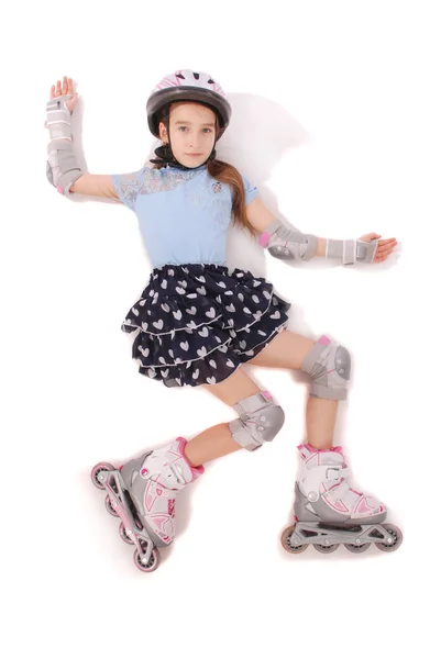 Happy Little Girl Roller Skates Protective Gear Lying Floor Isolated — Stock Photo, Image