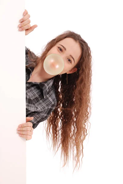 Young Happy Girl Blowing Chewing Gum Blue Background Studio — Stock Photo, Image