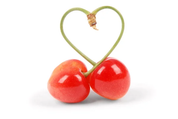 Par Søde Kirsebærfrugter Med Hjerteformet Stilk Isoleret Hvid Baggrund - Stock-foto