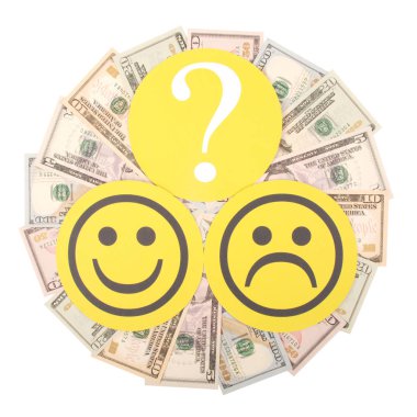 Gülen ve Doğum mandala kaleydoskop para üzerinden üzgün smiley arasında soru işareti. Kadın ve erkek kazanç düzeyini kavramı