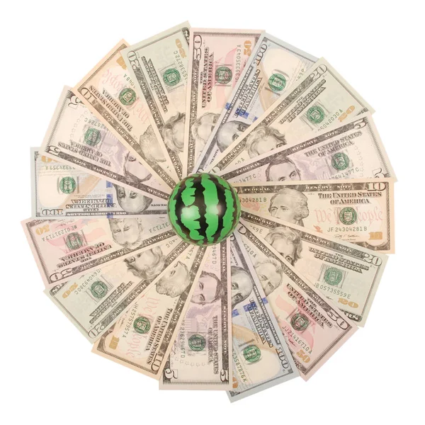 Wassermelone Auf Mandala Kaleidoskop Aus Geld Abstraktes Geld Hintergrund Raster — Stockfoto