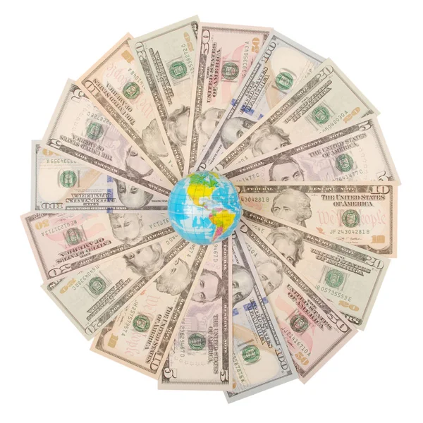 Earth globe on mandala kaleidoscope from money. Abstract money background raster pattern repeat mandala circle.