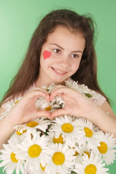 Retrato Uma Jovem Com Buquê Camomilas Símbolo Coração Rosto Isolado — Fotografia de Stock