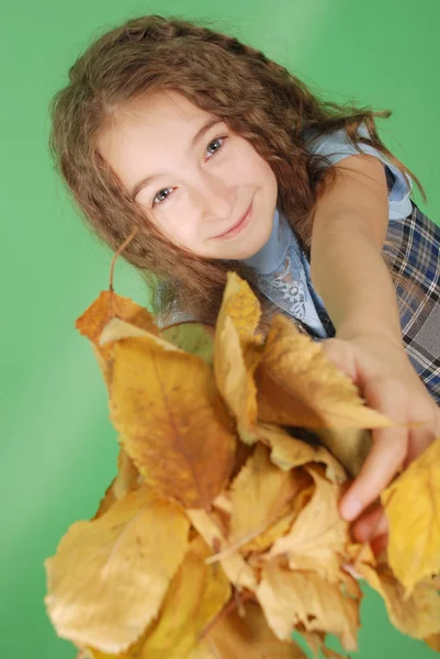 年轻女孩拿着秋黄叶 穿校服的可爱女孩秋天的时间 季节和秋天假期 隔离在绿色背景上 — 图库照片