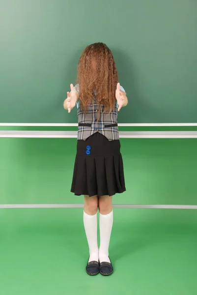 Schattig Meisje Schoolmeisje Buurt Van Blackboard Het Concept Van Onderwijs — Stockfoto
