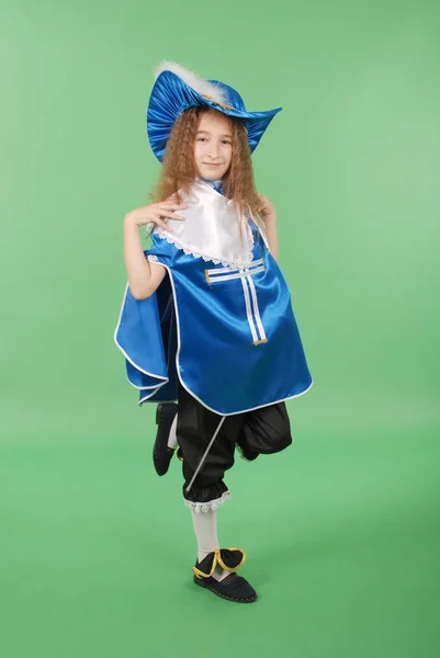 Chica Joven Como Mosquetero Traje Azul Con Precioso Sombrero Azul —  Fotos de Stock