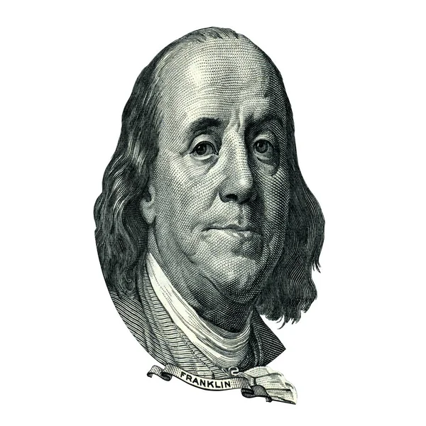 Portrait Statesman Inventor Diplomat Benjamin Franklin Looks One Hundred Dollar — Stock Photo, Image