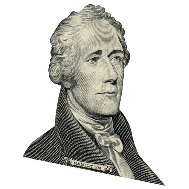 Birinci Sekreteri Hazine Alexander Hamilton. Nitel portre 10 dolarlık banknot isolater beyaz arka plan. 15 derecelik bir açıyla fotoğraf.