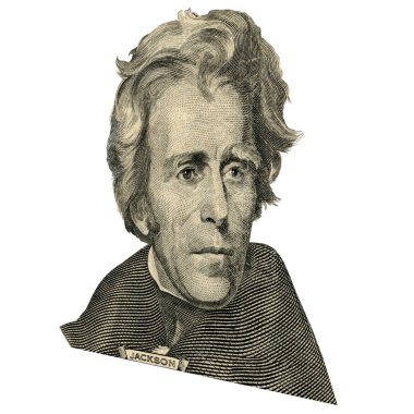 ABD eski Başkan Andrew Jackson görünüyor üzerinde 20 dolar bill ön yüzde olarak portresi. 15 derecelik bir açıyla fotoğraf.