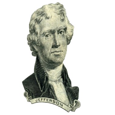 Eski ABD Başkanı Thomas Jefferson görünüyor üzerinde iki doları bill ön yüzde olarak portresi. 15 derecelik bir açıyla fotoğraf.