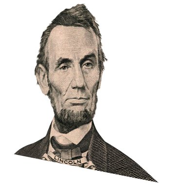 Eski ABD başkanı Abraham Lincoln görünüyor üzerinde beş doları bill ön yüzde olarak portresi. 15 derecelik bir açıyla fotoğraf.