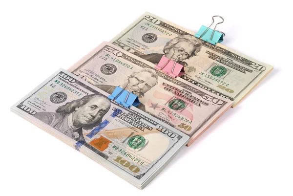 Three Wads Money One Hundred Fifty Twenty Dollars Isolated White — Stock Photo, Image