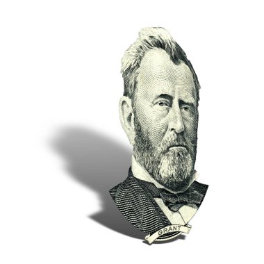 ABD devlet adamı, mucit ve diplomat Ulysses S. Grant görünüyor üzerinde elli doları bill ön yüzde olarak portresi. Bir gölge ile 45 derecelik bir açıyla fotoğraf.
