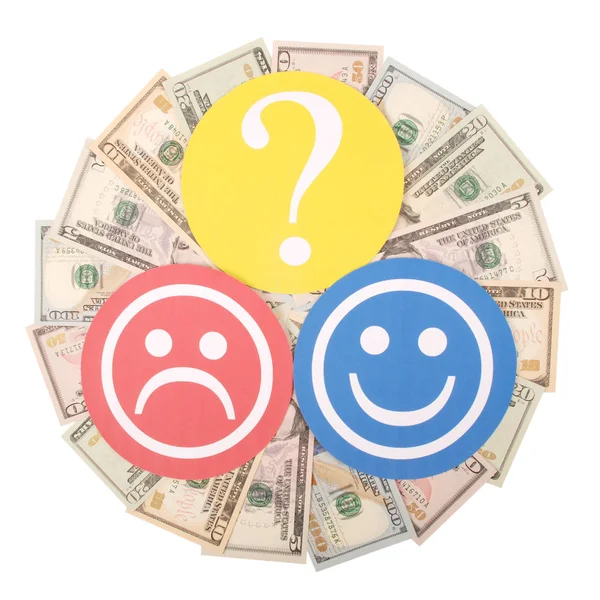 笑顔とお金からマンダラ万華鏡の悲しい笑顔の疑問符 男性と女性の収入のレベルの概念 — ストック写真