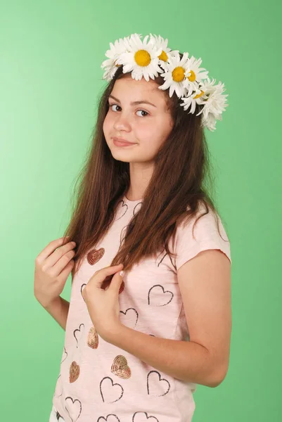 Menina Bonita Com Grinalda Camomila Fundo Verde — Fotografia de Stock