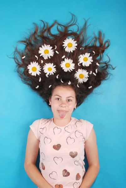 Portrait of a young girl with daisies in their hair lying on the floor, on blue background in studio