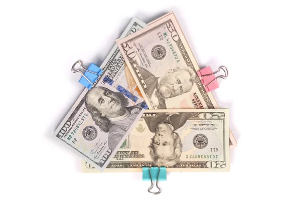 Three Wads Money One Hundred Fifty Twenty Dollars Isolated White — Stock Photo, Image