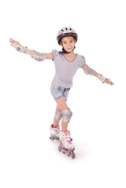 Little Pretty Girl Roller Skates White Background — Stock Photo, Image