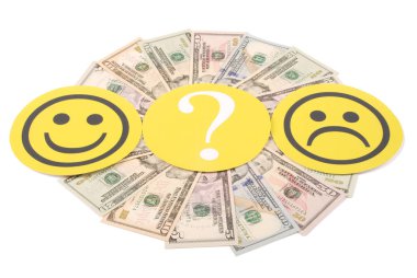 Gülen ve Doğum mandala kaleydoskop para üzerinden üzgün smiley arasında soru işareti. Kadın ve erkek kazanç düzeyini kavramı