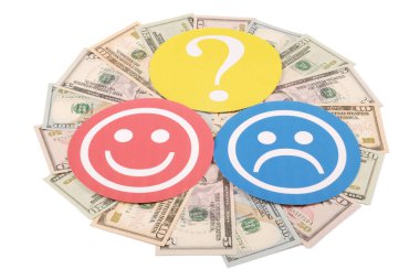 Gülen ve Doğum mandala kaleydoskop para üzerinden üzgün smiley arasında soru işareti. Kadın ve erkek kazanç düzeyini kavramı