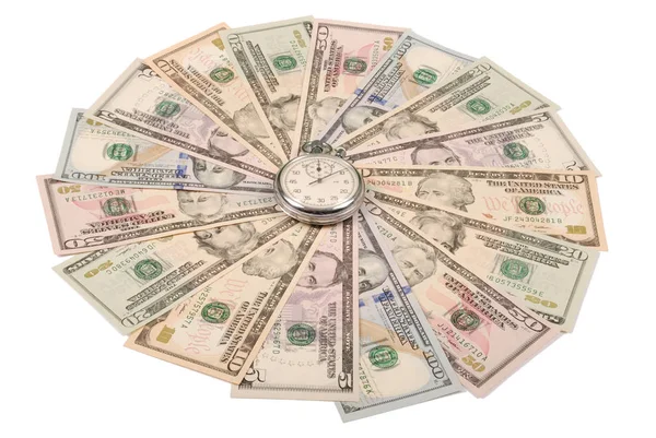 Stoppuhr Auf Mandala Kaleidoskop Aus Geld Abstraktes Geld Hintergrund Raster — Stockfoto