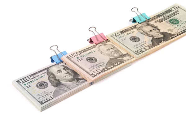 Three Wads Money One Hundred Fifty Twenty Dollars Isolated White — Stock Photo, Image