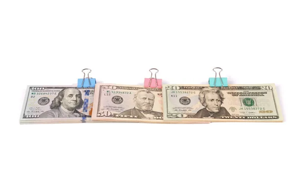 Three Wads Money One Hundred Fifty Twenty Dollars Isolated White — Stock Photo, Image