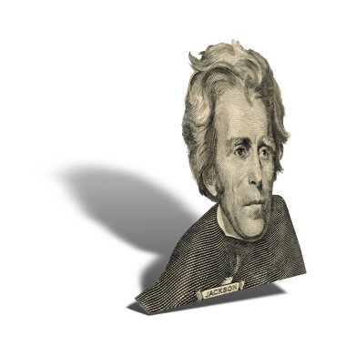ABD eski Başkan Andrew Jackson görünüyor üzerinde 20 dolar bill ön yüzde olarak portresi. Bir gölge ile 45 derecelik bir açıyla fotoğraf.