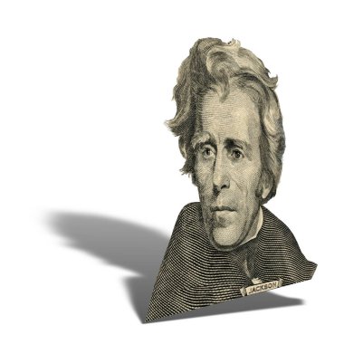 ABD eski Başkan Andrew Jackson görünüyor üzerinde 20 dolar bill ön yüzde olarak portresi. Bir gölge ile 15 derecelik bir açıyla fotoğraf.