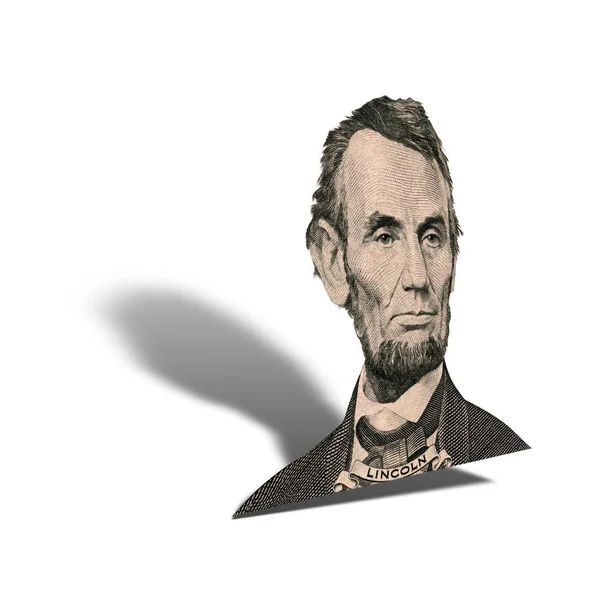 前美国总统亚伯拉罕 林肯的肖像 他看着五美元的钞票正面 照片在45度的角度 与阴影 — 图库照片