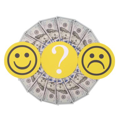 Gülen ve Doğum mandala kaleydoskop para üzerinden üzgün smiley arasında soru işareti. Kadın ve erkek kazanç düzeyini kavramı