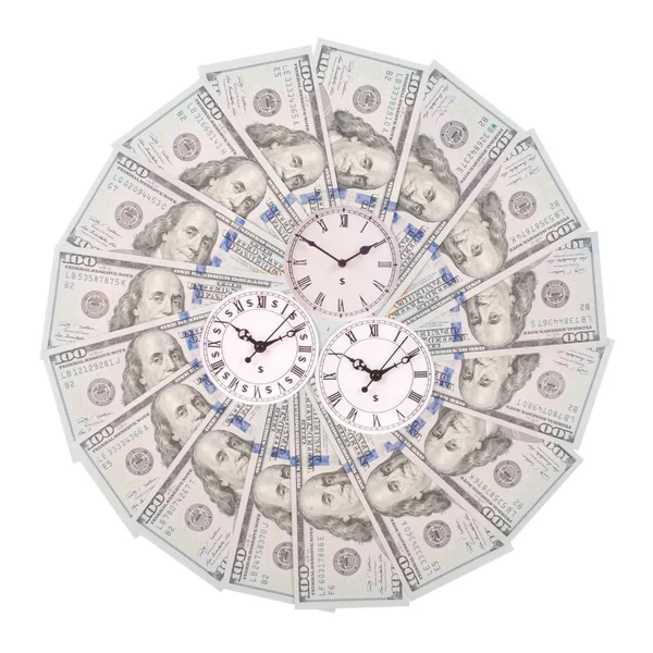 時計とドルの概念 お金からマンダラ万華鏡にクロックします 抽象的なお金背景ラスター パターン繰り返しマンダラ円 白い背景の上 — ストック写真
