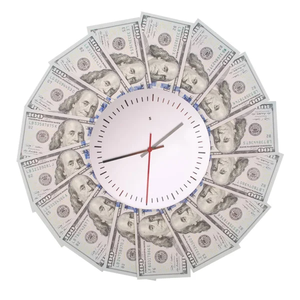時計とドルの概念 お金からマンダラ万華鏡にクロックします 抽象的なお金背景ラスター パターン繰り返しマンダラ円 白い背景の上 — ストック写真