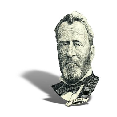 ABD devlet adamı, mucit ve diplomat Ulysses S. Grant görünüyor üzerinde elli doları bill ön yüzde olarak portresi. Bir gölge ile 15 derecelik bir açıyla fotoğraf.