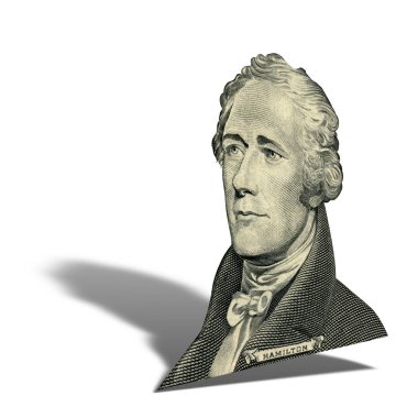 Birinci Sekreteri hazine Alexander Hamilton. Nitel portre 10 dolarlık banknot isolater beyaz arka plan. Bir gölge ile 15 derecelik bir açıyla fotoğraf.