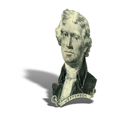 Eski ABD Başkanı Thomas Jefferson görünüyor üzerinde iki Doları bill ön yüzde olarak portresi. Bir gölge ile 15 derecelik bir açıyla fotoğraf.