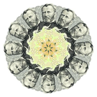 Mandala kaleydoskop öğeleri Amerikan Doları. Soyut para arka plan tarama deseni tekrar mandala daire