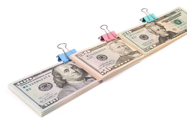 Three Wads Money One Hundred Fifty Twenty Dollars Isolated White — Stock Photo, Image