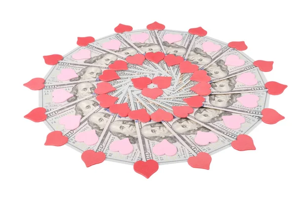 Mandala kaleidoscope from money and heart symbol. Abstract money background raster pattern repeat mandala circle. On white background.
