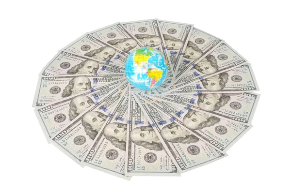 Erdkugel Auf Mandala Kaleidoskop Aus Geld Abstraktes Geld Hintergrund Raster — Stockfoto