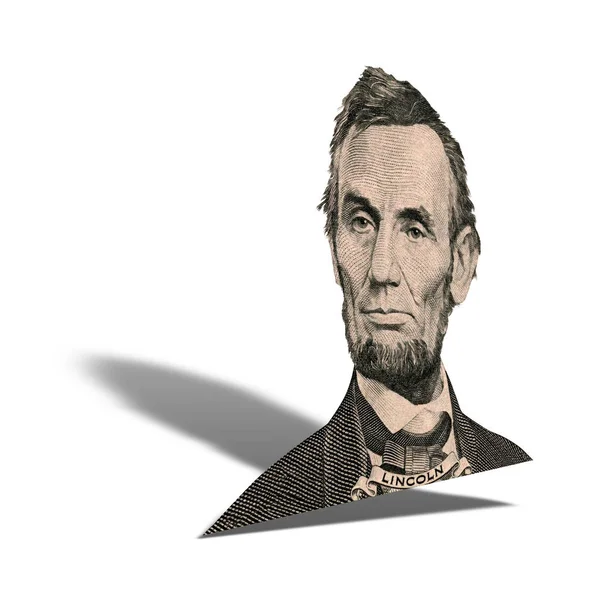前美国总统亚伯拉罕 林肯的肖像 他看着五美元的钞票正面 照片在15度的角度 与阴影 — 图库照片